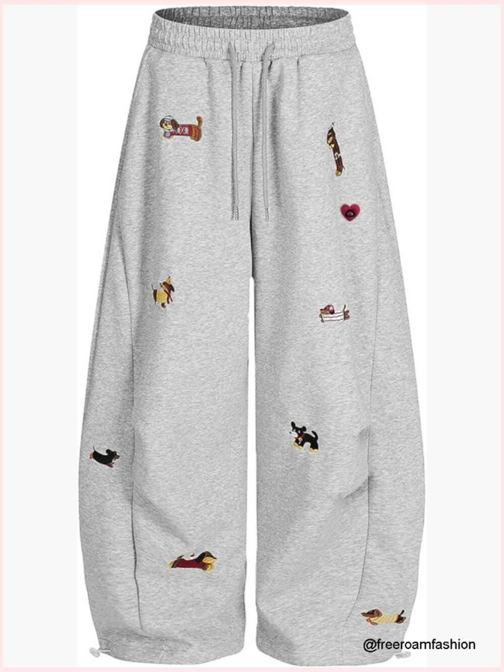 Unisex Baggy Sweatpants with Puppy Embroidery, Elastic Waist, Wide Leg